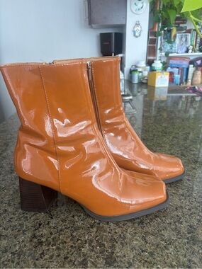 ASOS Tan Patent Square-Toe Block Heel Ankle Boots